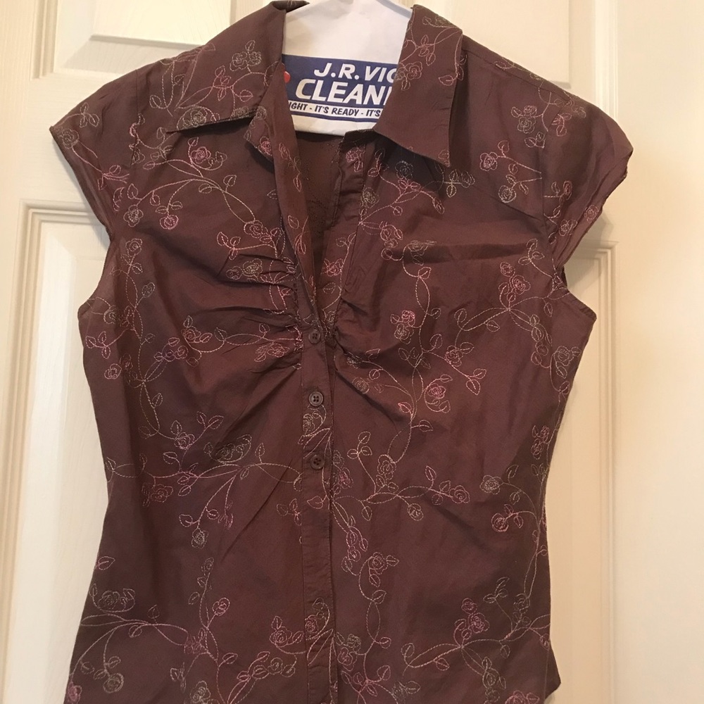 Brown top with neon green and pink embroidery